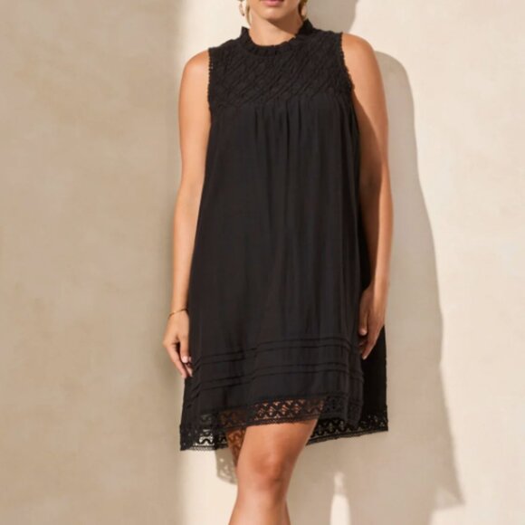 TRIBAL TEXTURED BLACK POPLIN CREWNECK SLEEVELESS MINI DRESS L